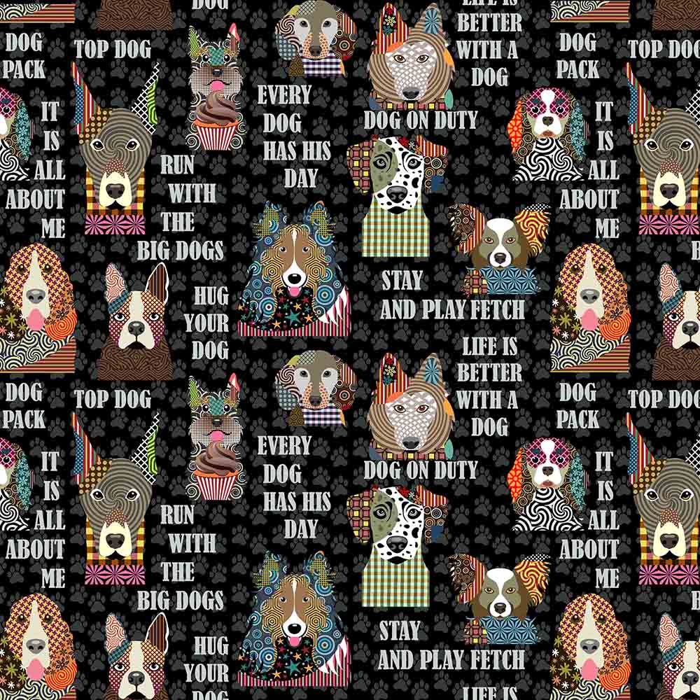 Life is Better with a Dog Dogs Words What is the Word Black Sykel Cotton Fabric
