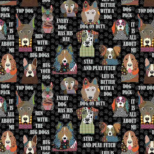 Life is Better with a Dog Dogs Words What is the Word Black Sykel Cotton Fabric