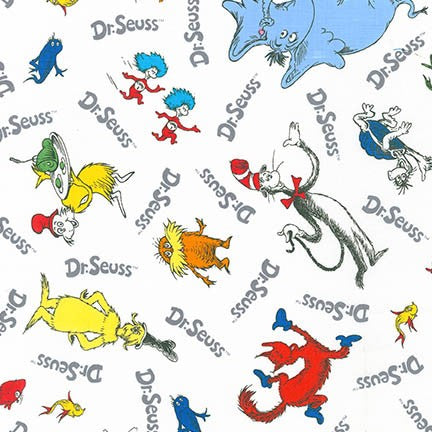 Dr Seuss Celebrate Seuss 4! Tossed Characters Words White Robert Kaufman Cotton Fabric RK-ADE-15670-1