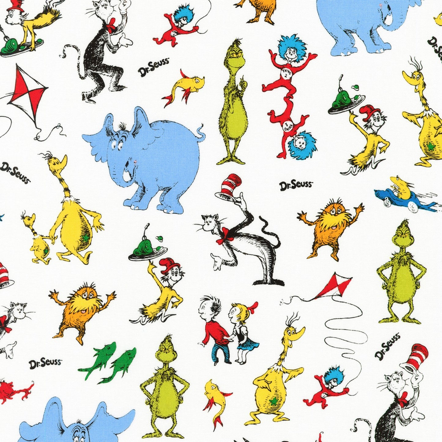 Dr Seuss Celebrate Seuss Characters White Robert Kaufman Cotton Fabric | US Fabric Shop