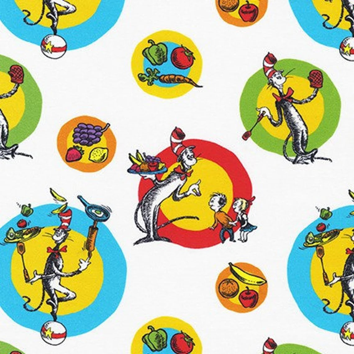 Dr Seuss Chef Tossed Circles White Robert Kaufman Cotton Fabric RK-ADE-20393-1