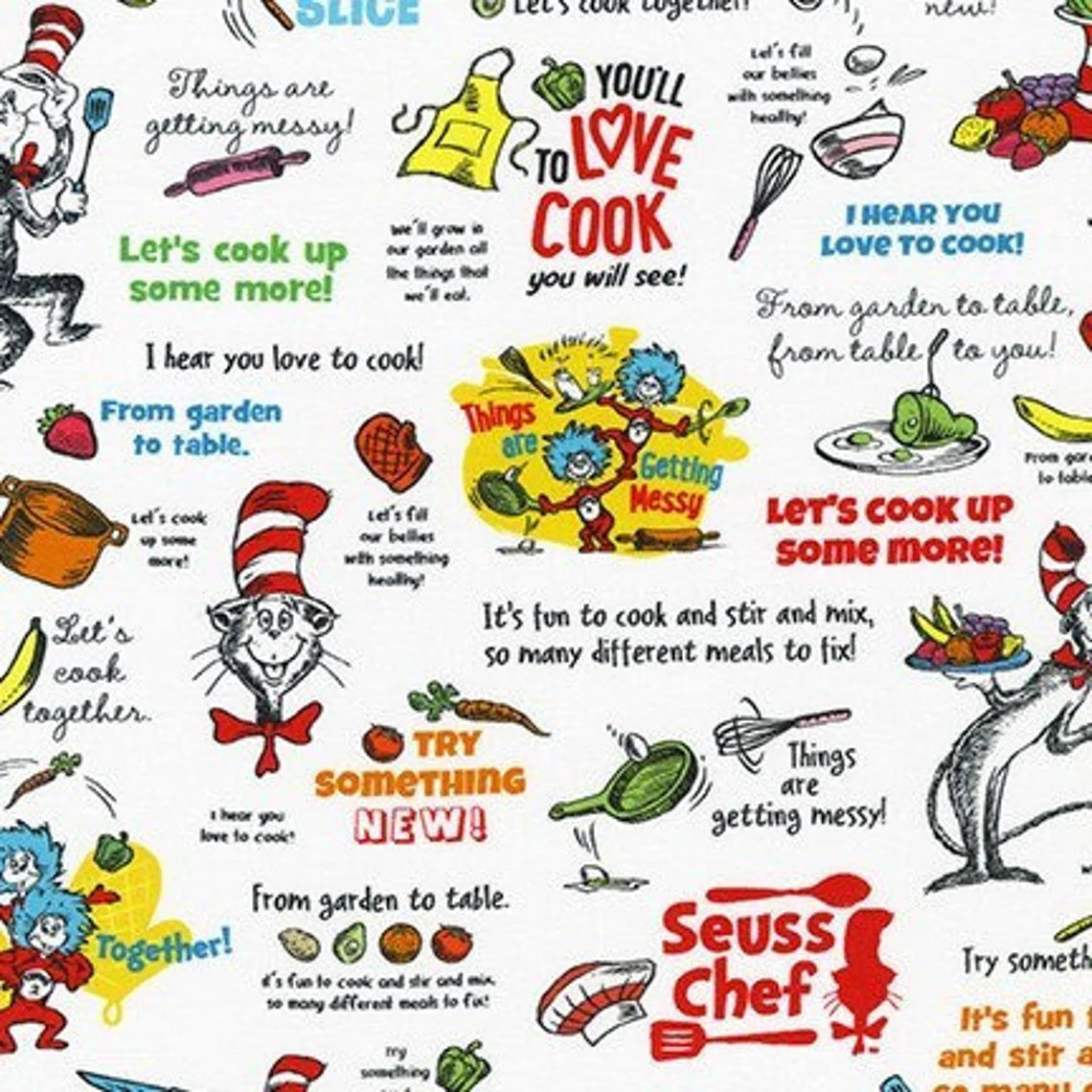 Dr Seuss Chef You'll Love to Cook White Robert Kaufman Cotton Fabric | US Fabric Shop