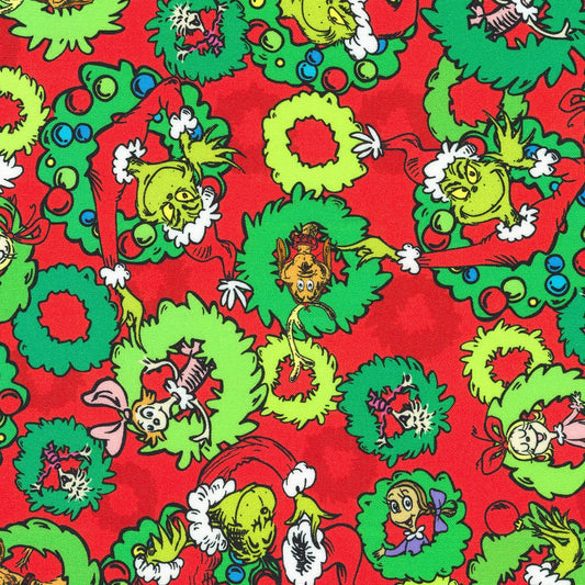 Dr Seuss How the Grinch Stole Christmas Characters Wreaths Holiday Red Robert Kaufman Cotton Fabric RK-ADED-22566-223