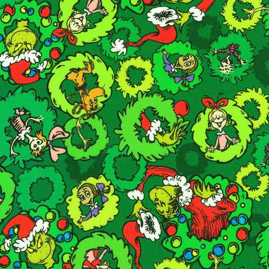 Dr Seuss How the Grinch Stole Christmas Characters Wreaths Pine Green Robert Kaufman Cotton Fabric RK-ADED-22566-274