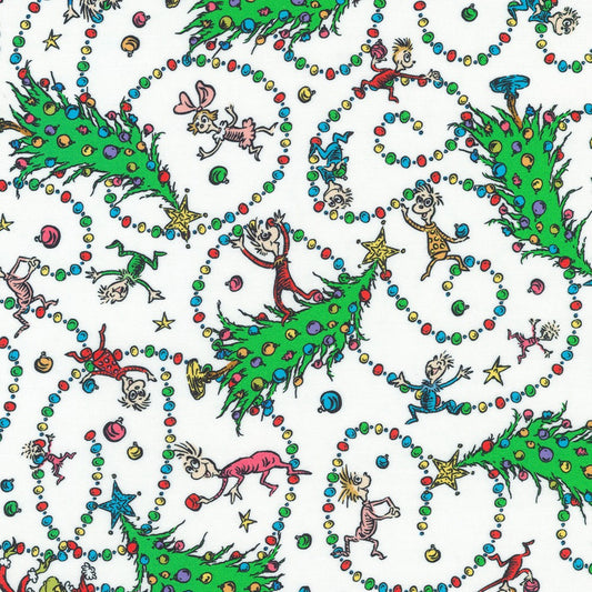 Dr Seuss How the Grinch Stole Christmas Swirl Tree and Balls Candy Cane White R Kaufman Cotton Fabric RK-ADED-22569-478