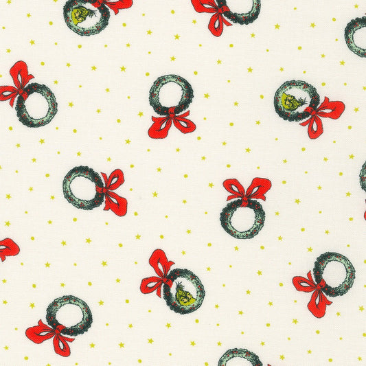 Dr Seuss How the Grinch Stole Christmas Tossed Grinch Wreaths Holiday Cream Robert Kaufman Cotton Fabric RK-ADED-21779-223