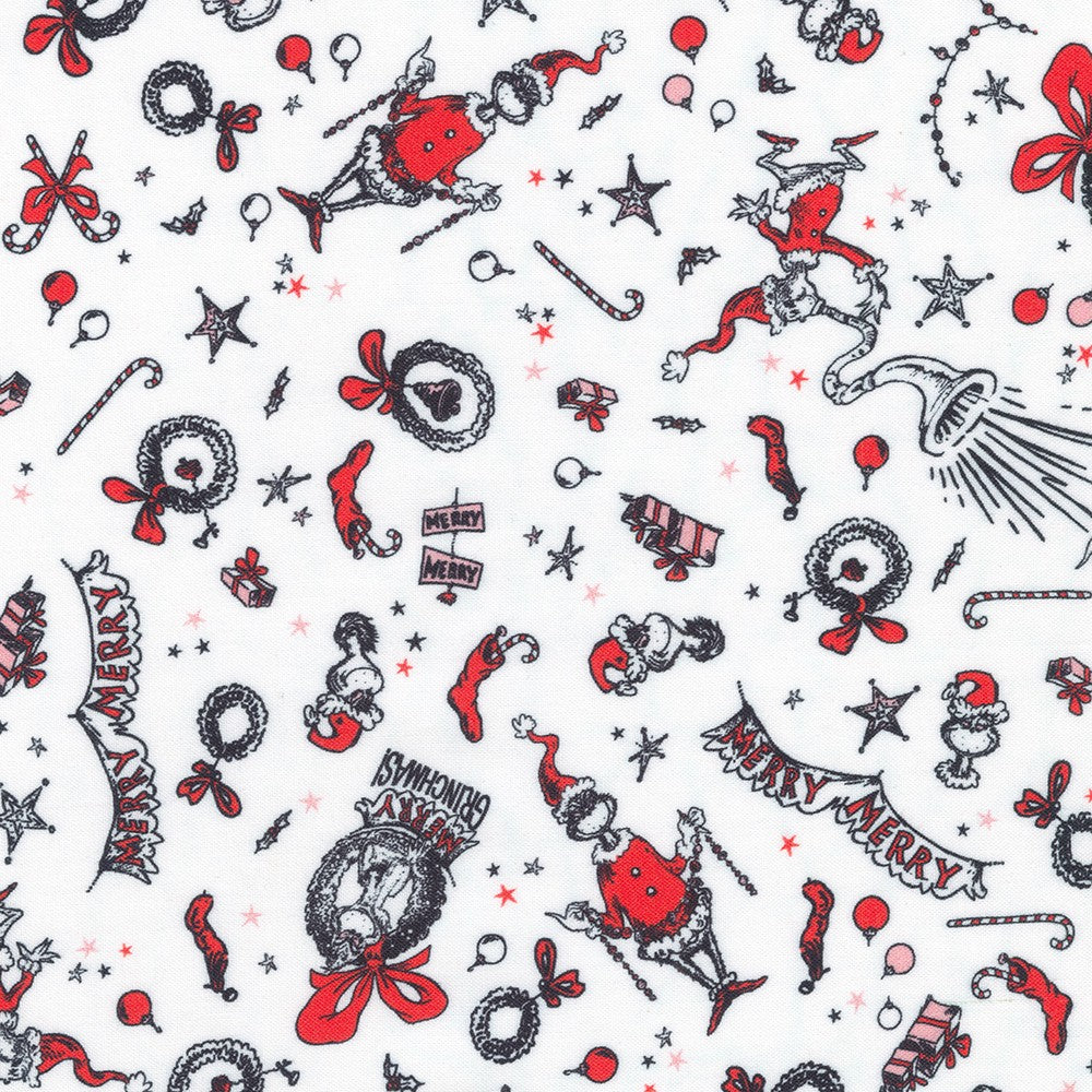 Dr Seuss How the Grinch Stole Christmas Grinch Objects Candy Cane White Robert Kaufman Cotton Fabric RK-ADED-22568-478