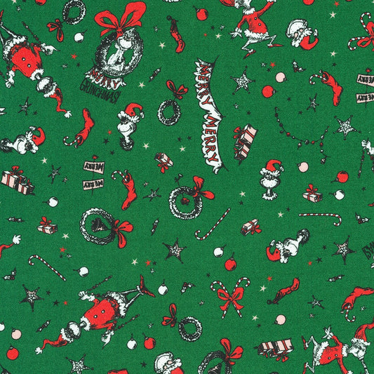 Dr Seuss How the Grinch Stole Christmas Tossed Grinch Objects Evergreen Robert Kaufman Cotton Fabric RK-ADED-22568-224