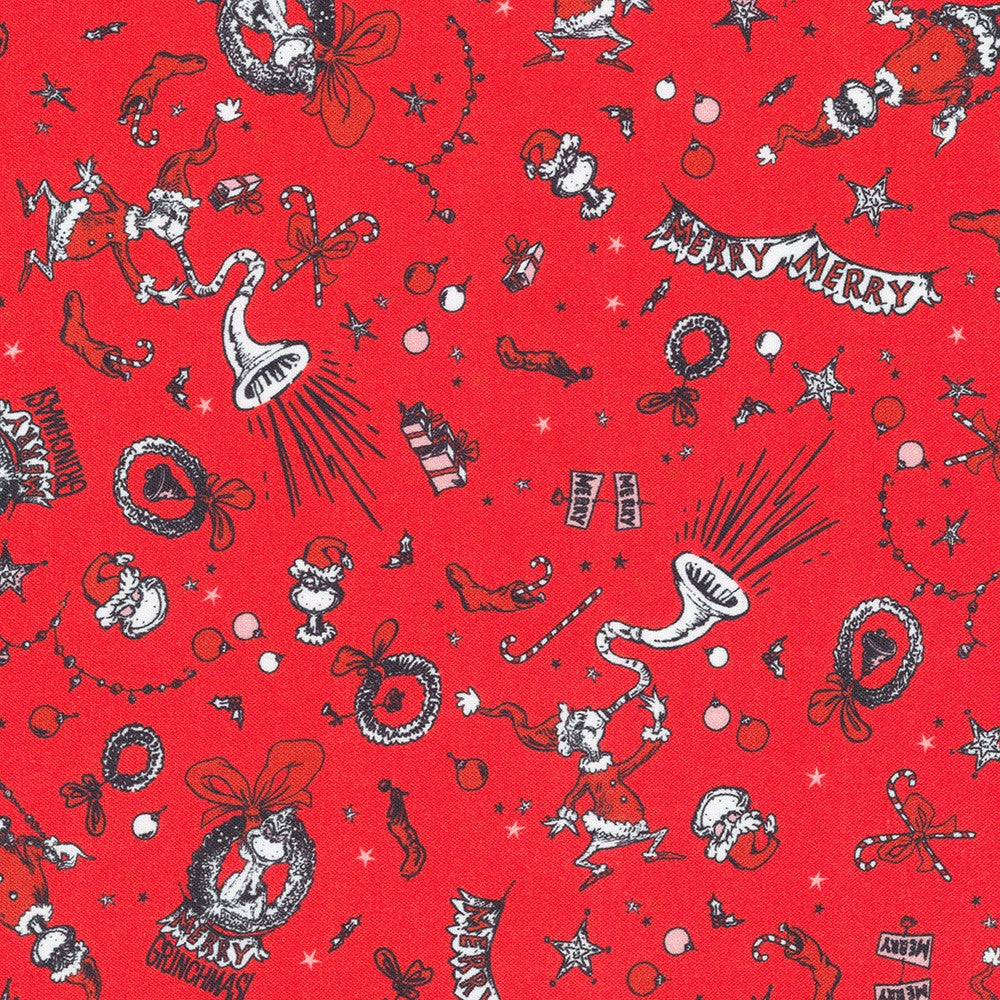 Dr Seuss How the Grinch Stole Christmas Grinch and Objects Holiday Red Robert Kaufman Cotton Fabric RK-ADED-22568-223