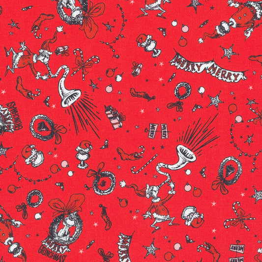 Dr Seuss How the Grinch Stole Christmas Grinch and Objects Holiday Red Robert Kaufman Cotton Fabric RK-ADED-22568-223