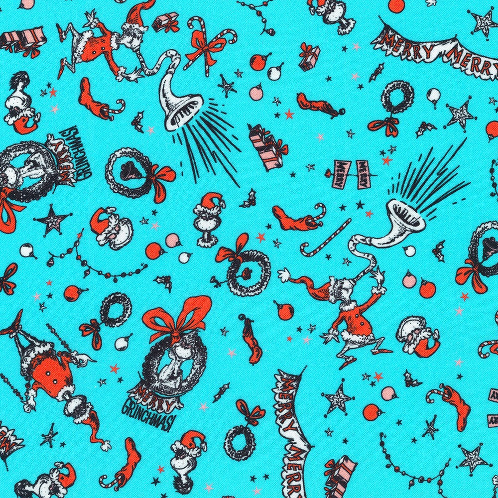 Dr Seuss How the Grinch Stole Christmas Tossed Grinch and Objects Ice Blue Robert Kaufman Cotton Fabric RK-ADED-22568-88