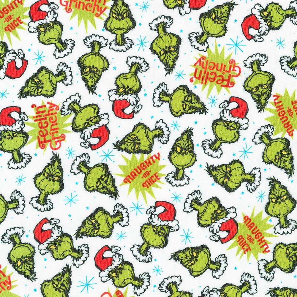 Dr Seuss How the Grinch Stole Christmas Tossed Grinch Candy Cane White Robert Kaufman Cotton Fabric RK-ADED-22567-478