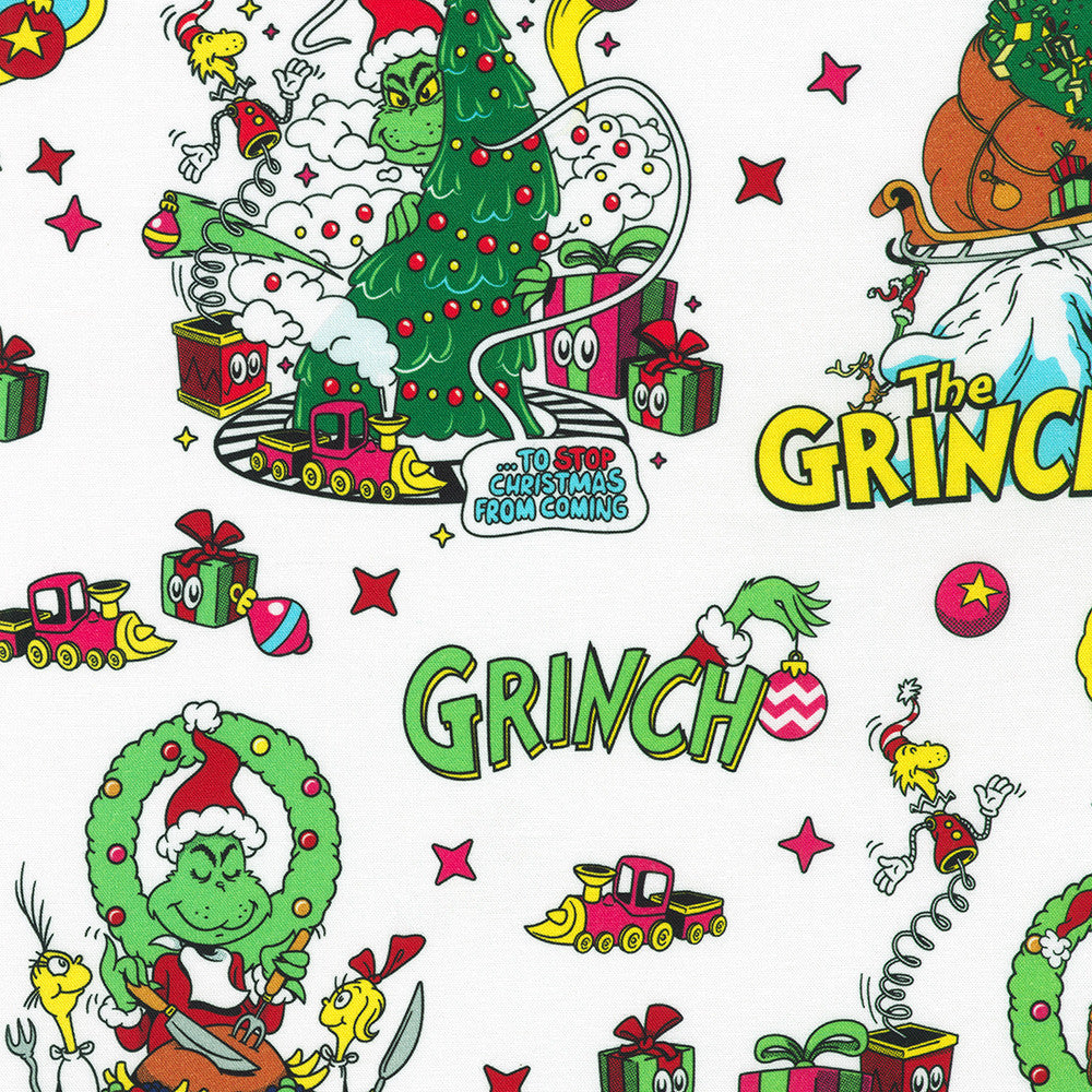 Dr. Seuss How the Grinch Stole Christmas Scenic White Robert Kaufman Cotton Fabric RK-ADED-23101-1