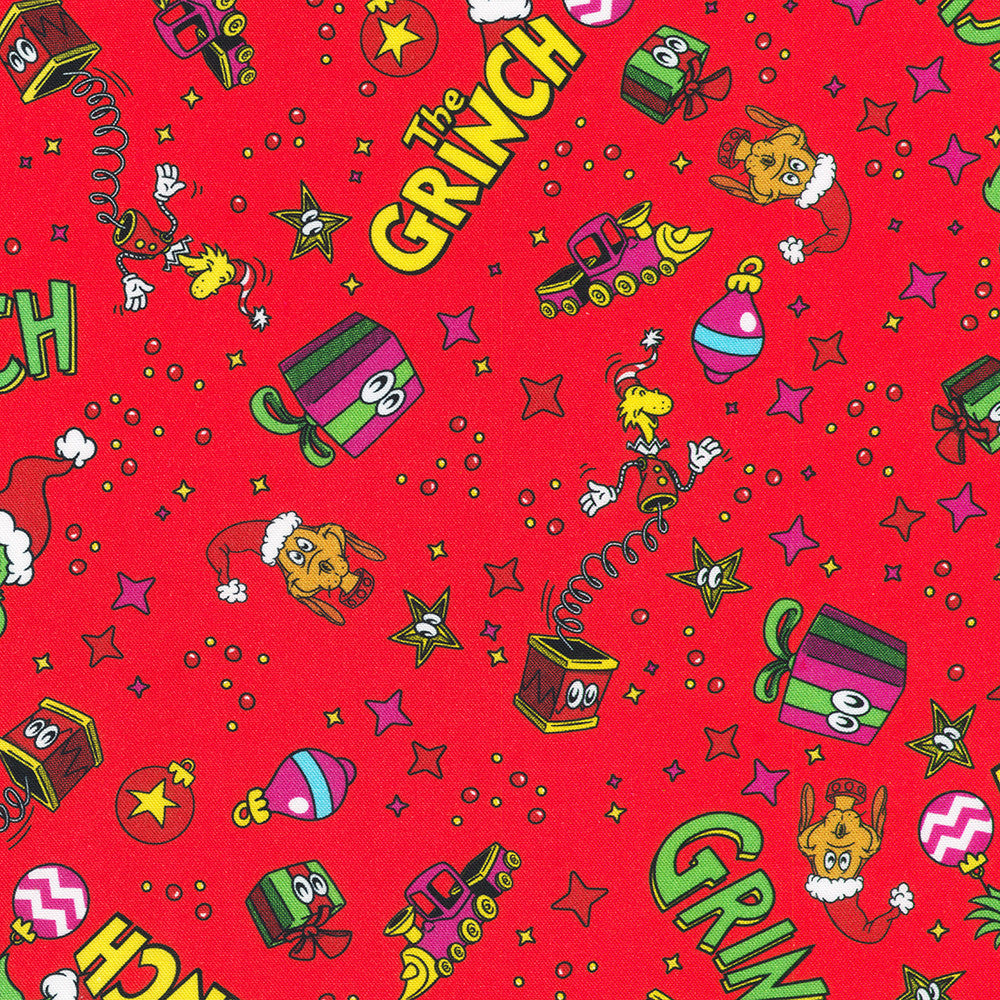 Dr. Seuss How the Grinch Stole Christmas Toy Toss Red Robert Kaufman Cotton Fabric RK-ADED-23100-3