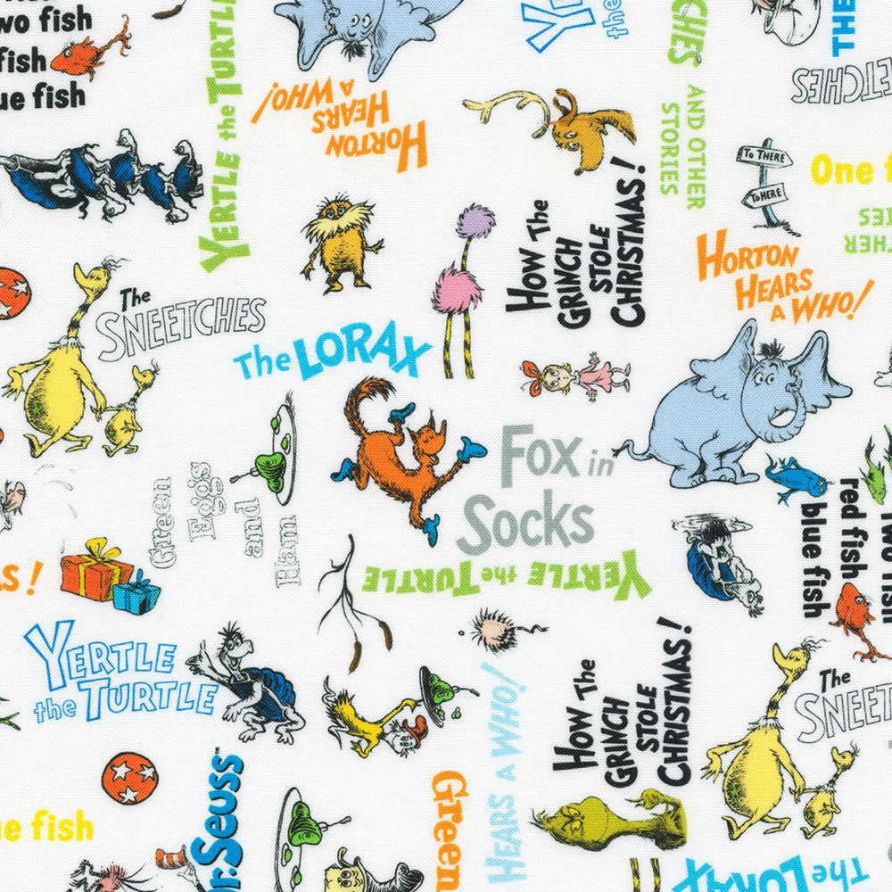 Dr Seuss Celebrate Seuss! Character & Name Toss Celebration White Robert Kaufman Cotton Fabric RK-ADED-22857-203