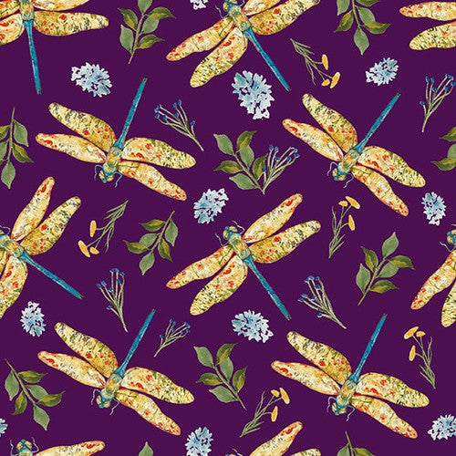 Dragonfly Dance Dragonflies Flowers Amethyst Multi Grace Violet Designs Henry Glass Cotton Fabric HG-1729-53