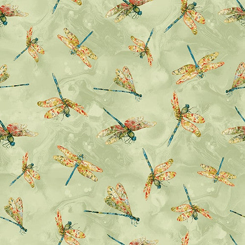 Dragonfly Dance Tossed Dragonflies Green Multi Grace Violet Designs Henry Glass Cotton Fabric HG-1734-63