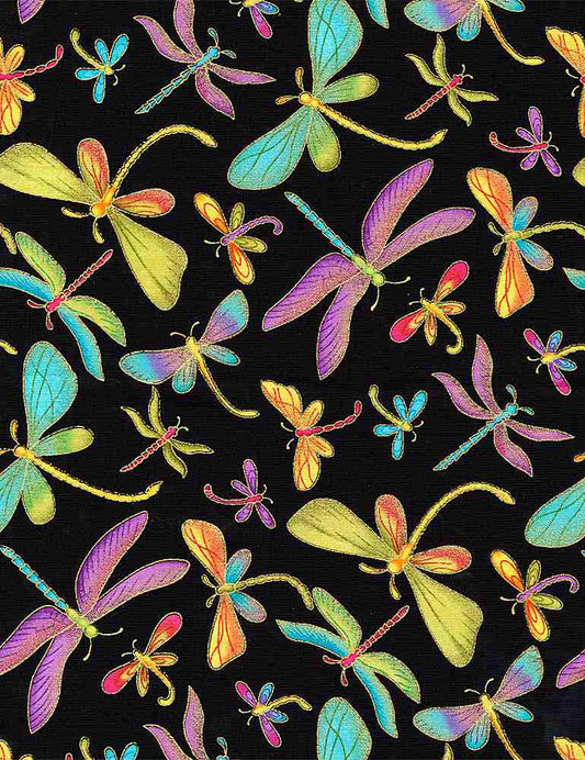 Dragonfly Shine Metallic Dragonfly Black Timeless Treasures Cotton Fabric