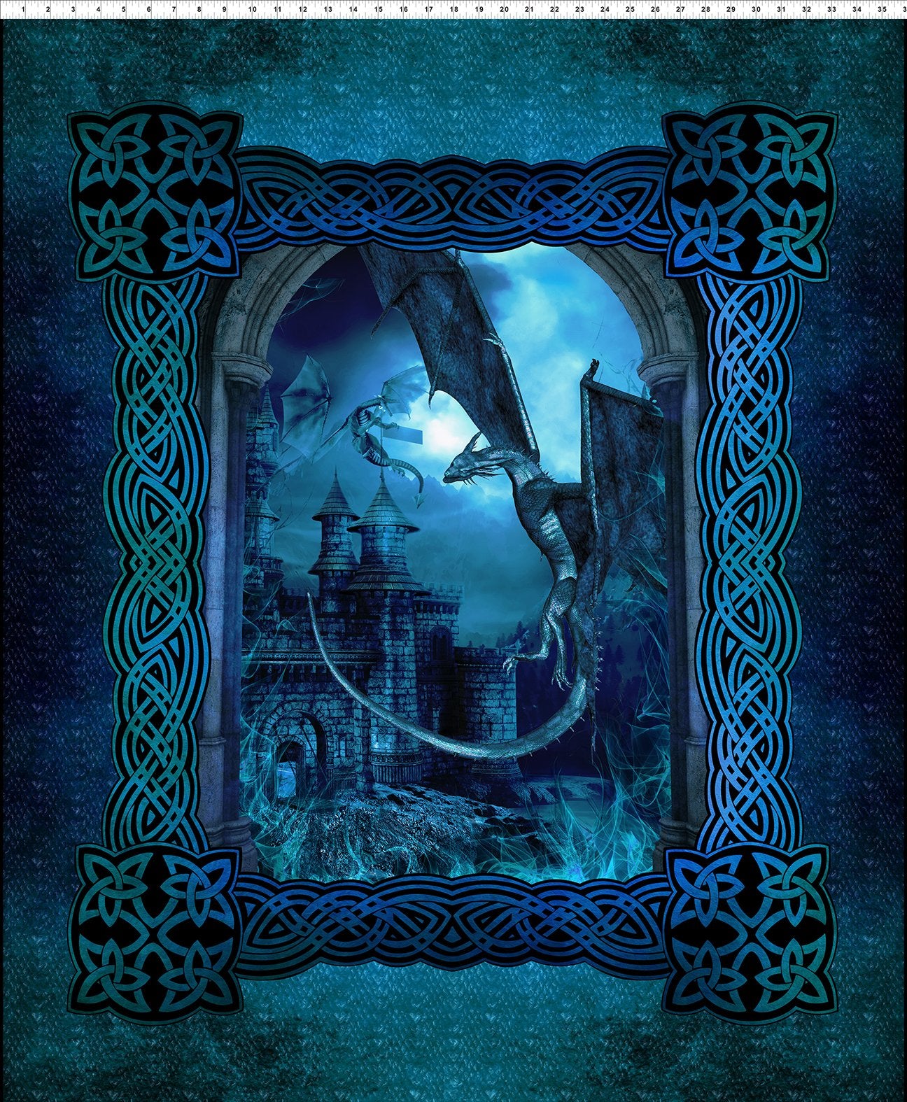 Dragons Large Castle Panel 36" Blue Jason Yenter The Beginning Cotton fabric