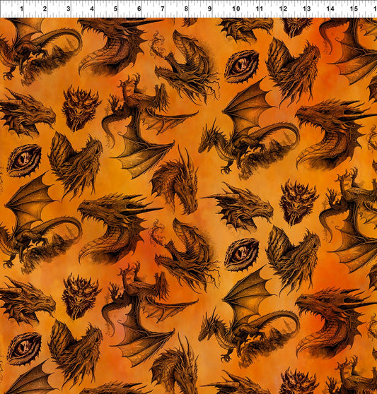Dragons Emerald Reign Etching Orange Jason Yenter The Beginning Fabrics Cotton Fabric ITB-23DRG-1