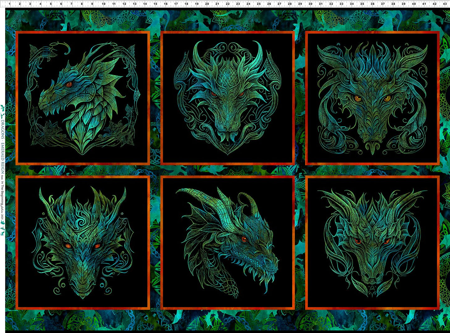 Dragons Emerald Reign Small Dragon Panel 31.5" Multi Jason Yenter The Beginning Fabrics Cotton Fabric ITB-21DRG-1