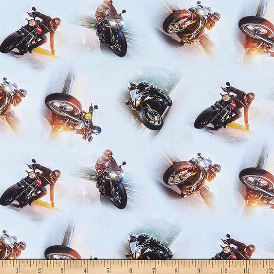 Dream Ride Motorcycle Allover Blue Elizabeth's Studio Cotton Fabric