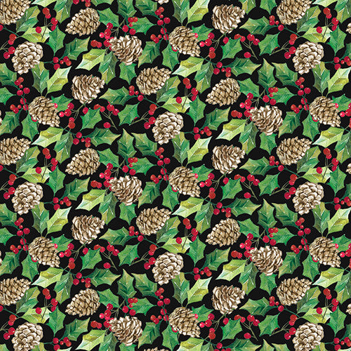 Dreaming of a Farmhouse Christmas Holly and Pinecones Black Carol Robinson 3 Wishes Cotton Fabric