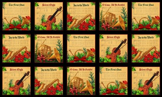 Musical Christmas Songs and Instruments Panel 24" Elizabeth's Studio Cotton Fabric ES 30000 Black