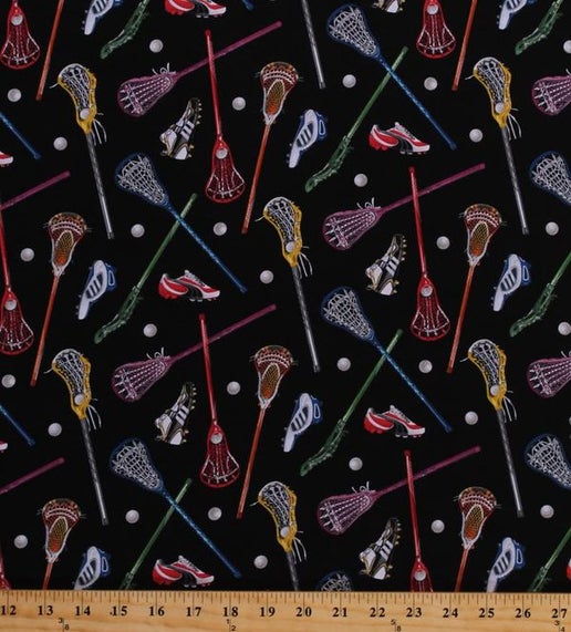 Sports Lacrosse Sticks and Balls Black Elizabeth's Studio Cotton Fabric ES 421 Black