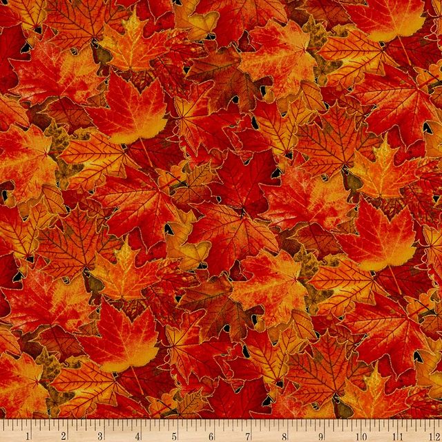 Autumn Harvest Packed Leaves Gold Metallic Accent Elizabeth's Studio Cotton Fabric ES M613E-MULTI