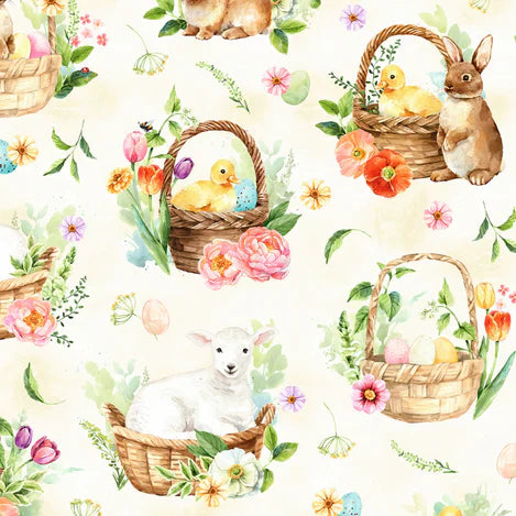 Easter Wonder Animals Baskets Vanilla Cream Hoffman Fabric Cotton Fabric