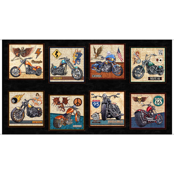 Easy Rider Motorcycle Patches Panel 24" Black Quilting Treasures Cotton Fabric QT-1649-27480-J