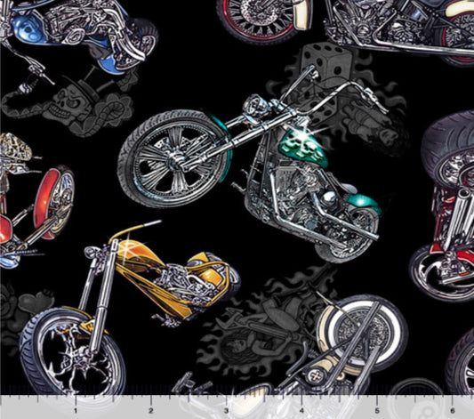 Easy Rider Motorcycle Toss Black Quilting Treasures Cotton Fabric