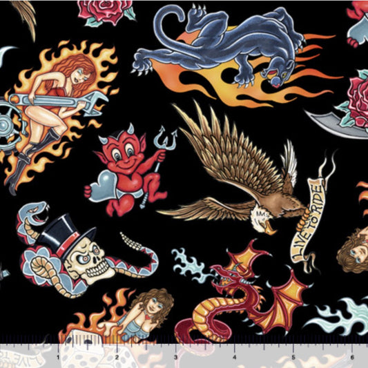 Easy Rider Tattoo Toss Black Quilting Treasures Cotton Fabric QT-1649-27482-J