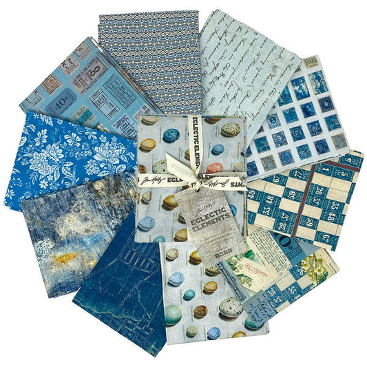 Eclectic Elements Blue Palette Fat Quarter Bundle 18"x21" 10pcs Tim Holtz Free Spirit Cotton Fabric FS-FB4FQTH.BLUE