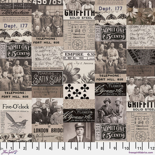 Eclectic Elements Charcoal Palette Collage Charcoal Tim Holtz Free Spirit Cotton Fabric FS-PWTH310.CHARCOAL