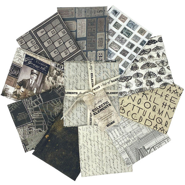 Eclectic Elements Charcoal Palette Fat Quarter Bundle 18"x21" designed Tim Holtz Free Spirit Cotton Fabric FS-FB4FQTH.CHARCOAL