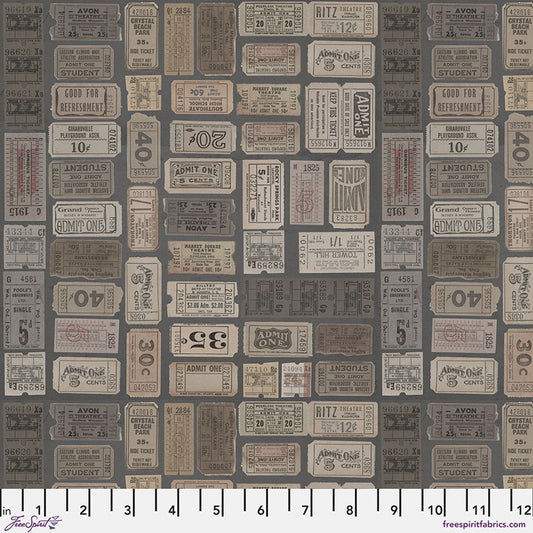 Eclectic Elements Charcoal Palette Tickets Charcoal Tim Holtz Free Spirit Cotton Fabric FS-PWTH312.CHARCOAL