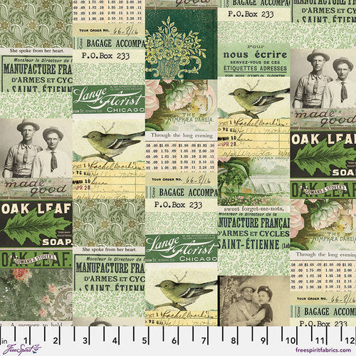 Eclectic Elements Green Palette Collage Green Tim Holtz Free Spirit Cotton Fabric FS-PWTH260.GREEN