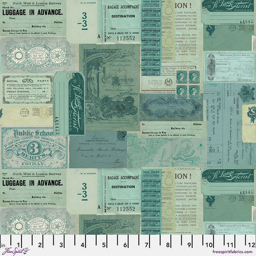 Eclectic Elements Teal Palette Ephemera Teal Tim Holtz Free Spirit Cotton Fabric FS-PWTH275.TEAL