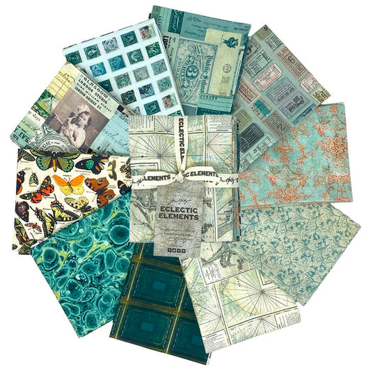 Eclectic Elements Teal Palette Fat Quarter Bundle 18"x21" 10pcs Tim Holtz Free Spirit Cotton Fabric FS-FB4FQTH.TEAL