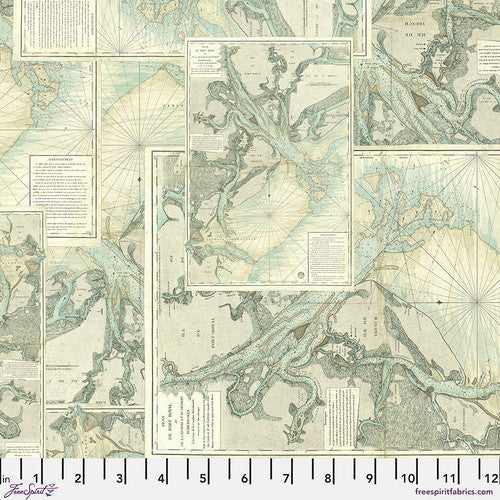 Eclectic Elements Teal Palette Map Teal Tim Holtz Free Spirit Cotton Fabric FS-PWTH273.TEAL