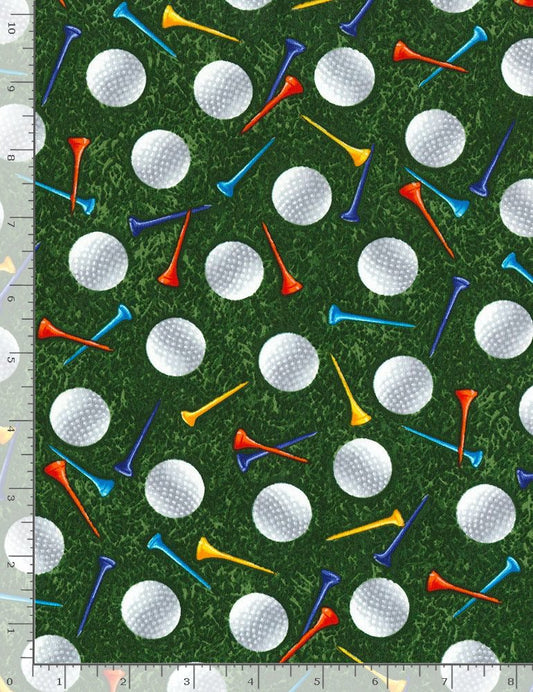 Elite Athlete Sports Golf Balls and Tees on Grass Green Timeless Treasures Cotton Fabric TT-SPORT-CD8030-GREEN