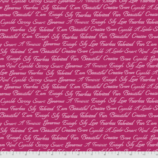 Enchanted I Am Script Pomegranate Pink Valori Wells Free Spirit Cotton Fabric