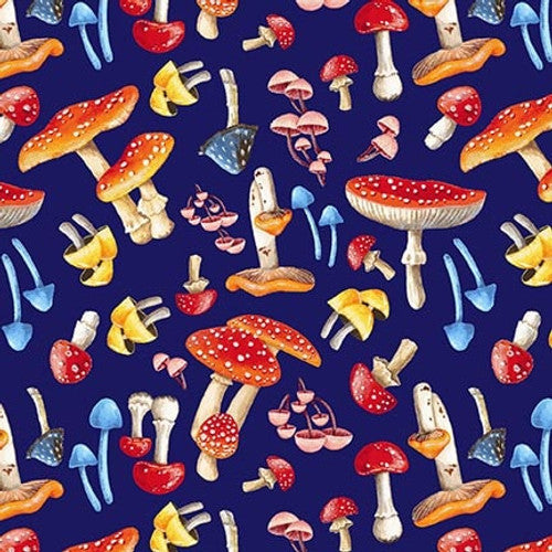 Enchanted Forest Tossed Forest Mushrooms Blue Multi Jane Alison Henry Glass Cotton Fabric HG-1554-78