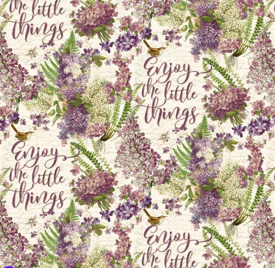 Enjoy the Little Things Floral Purple Bees Birds Multi David Textiles Cotton Fabric DT-ML-3290-1C-1