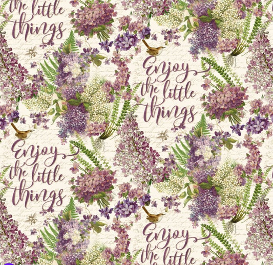 Enjoy the Little Things Floral Purple Bees Birds Multi David Textiles Cotton Fabric  DT-ML-3290-1C-1