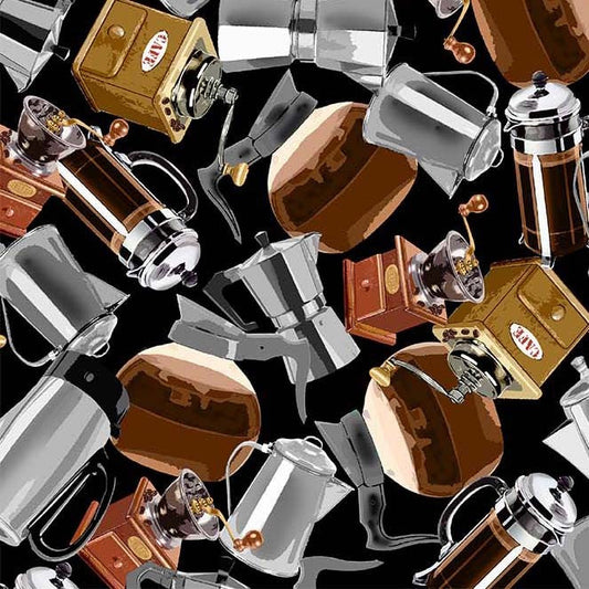 Espresso Yourself Coffee Brewing Black Silver Michael Miller Cotton Fabric