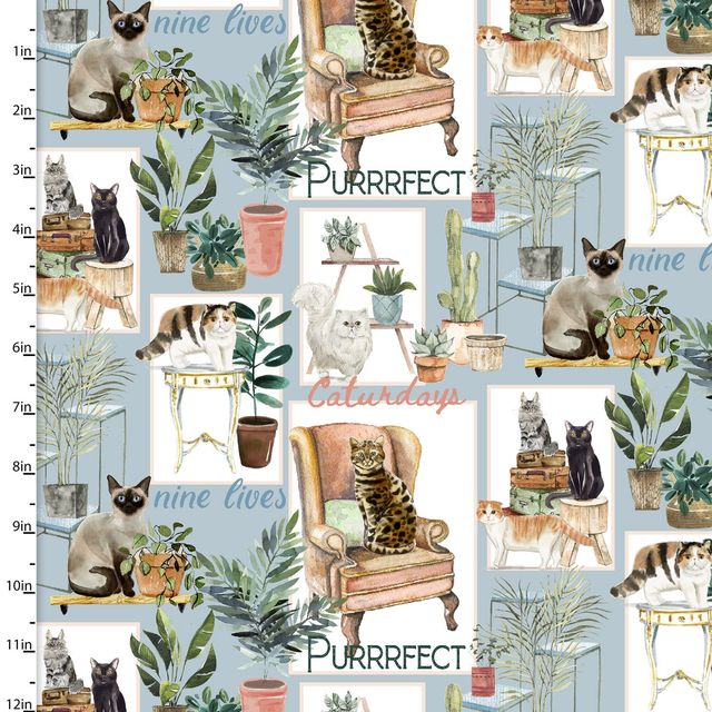 Every Day is Caturday Cat Purrfect Nine Lives Patch 3 Wishes Cotton Fabric
