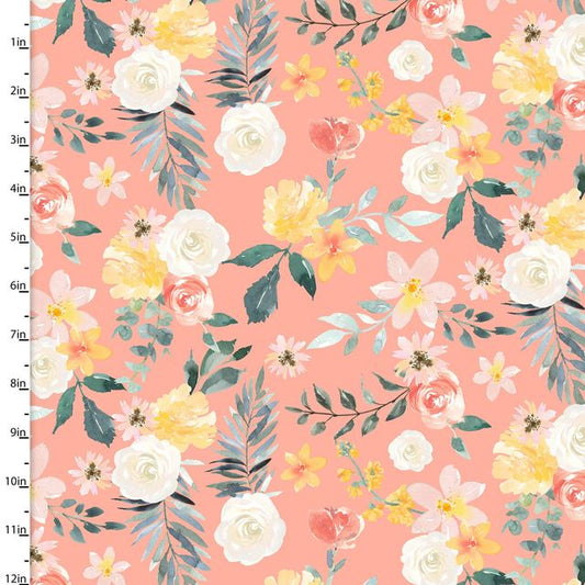 Every Day is Caturday Flowers Coral 3 Wishes Cotton Fabric